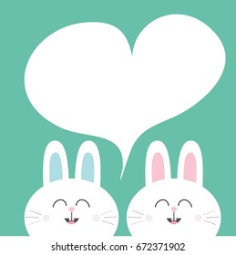 White bunny rabbit with long ears. Heart frame template. Cute cartoon smiling character twins. Baby greeting card. Happy Easter sign symbol. Green background. Flat design. Vector illustration