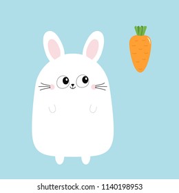 White bunny rabbit looking at carrot. Funny head face. Big eyes. Cute kawaii cartoon character. Baby greeting card template. Happy Easter sign symbol. Blue background. Flat design. Vector illustration