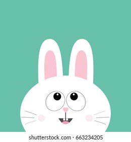 White bunny rabbit looking up. Cute cartoon smiling character. Surprised emotion. Baby greeting card. Happy Easter sign symbol. Green background. Flat design. Vector illustration