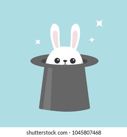 White bunny rabbit in magic hat. Sining stars. Funny head face icon. Big ears. Cute kawaii cartoon character. Baby greeting card. Easter symbol. Flat design. Blue background. Vector illustration