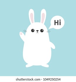 White bunny rabbit waving hand. Talking thinking bubble. Hi sticker. Funny head face. Big ears. Cute kawaii cartoon character. Baby greeting card. Easter symbol. Blue background. Flat design. Vector