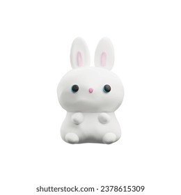 White bunny, realistic 3D vector illustration isolated on white background. Cute rabbit toy. Cartoon design element for decorated greeting cards, Easter celebrations. Modern plasticine art