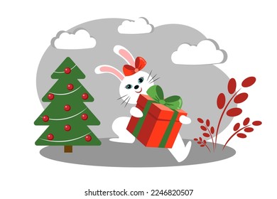 A white bunny runs with a gift in his hands. Christmas tree with red balls. Merry Christmas and Happy New Year