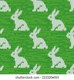 White bunny seamless pattern with realistic green knit texture. Holiday background. Vector illustration for textile, wrapping paper, greeting cards.