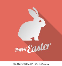 White Bunny Silhouette And Happy Easter Sign. Vector Illustration Icon. Design For Greeting Card, Stickers, Logo, Web And Mobile App.