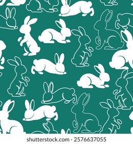 White bunny silhouette and outline seamless pattern for Easter background.