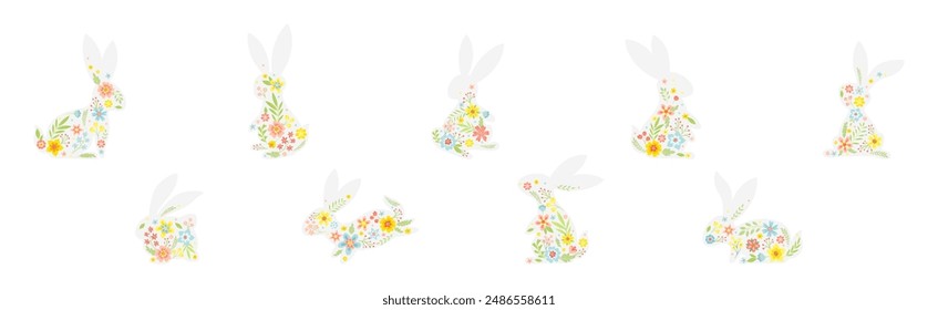 White Bunny Silhouette with Spring Flowers Vector Set