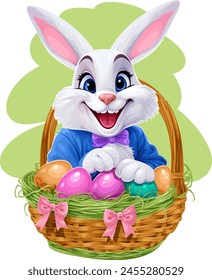 white bunny sitting in the easter basket