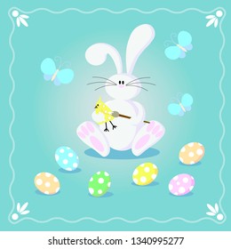 A white bunny is sitting, holding a yellow chicken, butterflies are flying around him at Easter eggs