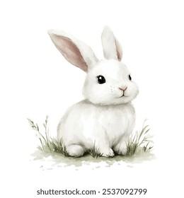 White bunny surrounded by grass, perfect for Easter-themed designs, greeting cards and festive projects. Cute white rabbit seating on the grass, isolated on white.