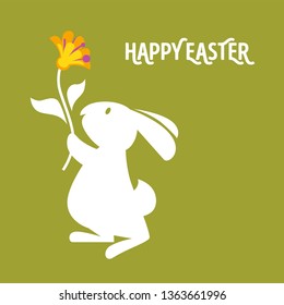 White bunny and tulip flower happy Easter greeting card vector wild animal and plant rabbit or hare Christian religious holiday symbol mammal and floral element spring religion event celebration