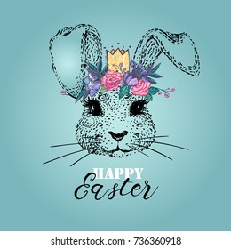 White bunny unicorn with rainbow horn and flower wreath vector illustration. Cute cartoon drawing embroidery in watercolor rock music style. Princess female fashion t-shirt design concept with slogan