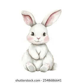 White bunny vector illustration perfect for Easter-themed designs, greeting cards and festive projects. Cute white rabbit seating isolated on white. Easter symbol, white rabbit with pink cheeks.