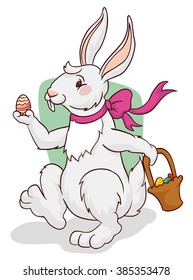 White bunny walking and holding in a hand a colorful Easter egg and a basket in its other hand in the Easter hunting.