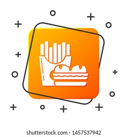 White Burger and french fries in carton package box icon isolated on white background. Hamburger, burger, cheeseburger sandwich. Fast food menu. Orange square button. Vector Illustration