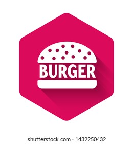 White Burger icon isolated with long shadow. Hamburger icon. Cheeseburger sandwich sign. Pink hexagon button. Vector Illustration