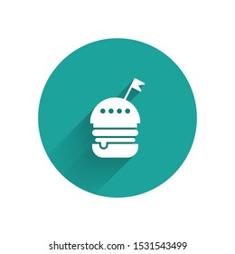 White Burger icon isolated with long shadow. Hamburger icon. Cheeseburger sandwich sign. Fast food menu. Green circle button. Vector Illustration