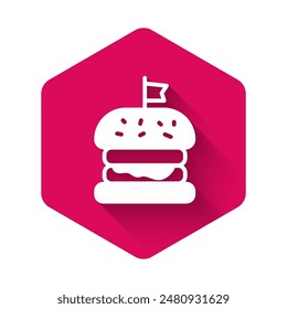 White Burger icon isolated with long shadow background. Hamburger icon. Cheeseburger sandwich sign. Fast food menu. Pink hexagon button. Vector