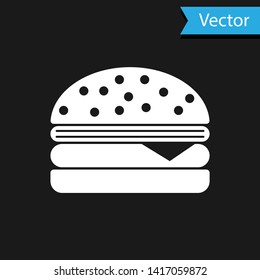 White Burger icon isolated on black background. Hamburger icon. Cheeseburger sandwich sign. Vector Illustration