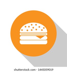 White Burger icon isolated on white background. Hamburger icon. Cheeseburger sandwich sign. Orange circle button. Vector Illustration