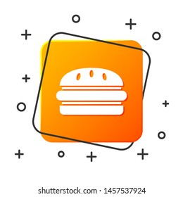 White Burger icon isolated on white background. Hamburger icon. Cheeseburger sandwich sign. Fast food menu. Orange square button. Vector Illustration