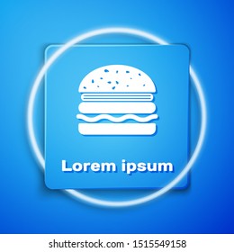 White Burger icon isolated on blue background. Hamburger icon. Cheeseburger sandwich sign. Blue square button. Vector Illustration