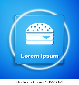 White Burger icon isolated on blue background. Hamburger icon. Cheeseburger sandwich sign. Blue square button. Vector Illustration