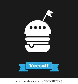 White Burger icon isolated on black background. Hamburger icon. Cheeseburger sandwich sign. Fast food menu.  Vector Illustration