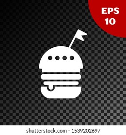White Burger icon isolated on transparent dark background. Hamburger icon. Cheeseburger sandwich sign. Fast food menu.  Vector Illustration