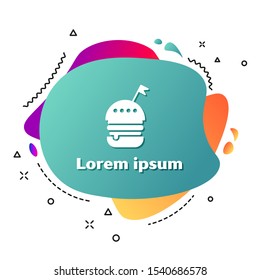 White Burger icon isolated on white background. Hamburger icon. Cheeseburger sandwich sign. Fast food menu. Abstract banner with liquid shapes. Vector Illustration