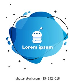 White Burger icon isolated on white background. Hamburger icon. Cheeseburger sandwich sign. Fast food menu. Abstract banner with liquid shapes. Vector Illustration