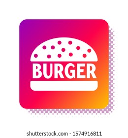 White Burger icon isolated on white background. Hamburger icon. Cheeseburger sandwich sign. Square color button. Vector Illustration