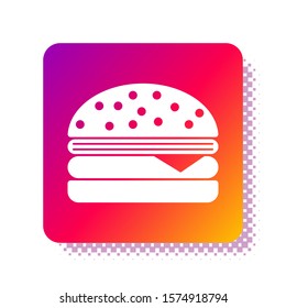 White Burger icon isolated on white background. Hamburger icon. Cheeseburger sandwich sign. Square color button. Vector Illustration