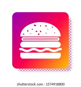 White Burger icon isolated on white background. Hamburger icon. Cheeseburger sandwich sign. Square color button. Vector Illustration