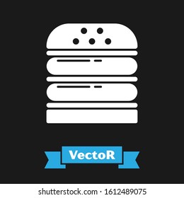 White Burger icon isolated on black background. Hamburger icon. Cheeseburger sandwich sign. Fast food menu.  Vector Illustration