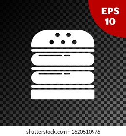 White Burger icon isolated on transparent dark background. Hamburger icon. Cheeseburger sandwich sign. Fast food menu.  Vector Illustration