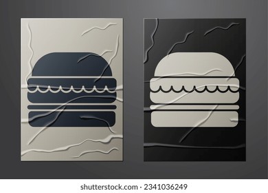 White Burger icon isolated on crumpled paper background. Hamburger icon. Cheeseburger sandwich sign. Fast food menu. Paper art style. Vector Illustration