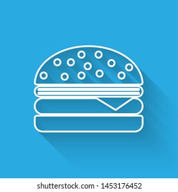 White Burger line icon isolated with long shadow. Hamburger icon. Cheeseburger sandwich sign. Vector Illustration