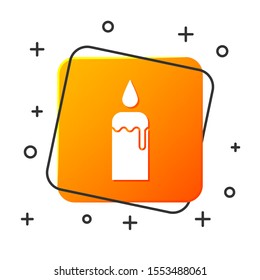 White Burning candle in candlestick icon isolated on white background. Cylindrical candle stick with burning flame. Orange square button. Vector Illustration