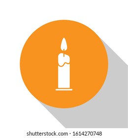 White Burning candle in candlestick icon isolated on white background. Cylindrical candle stick with burning flame. Orange circle button. Vector Illustration