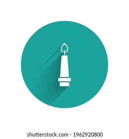 White Burning candle in candlestick icon isolated with long shadow. Old fashioned lit candle. Cylindrical candle stick with burning flame. Green circle button. Vector