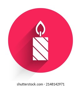 White Burning candle in candlestick icon isolated with long shadow. Cylindrical candle stick with burning flame. Red circle button. Vector