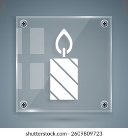White Burning candle in candlestick icon isolated on grey background. Cylindrical candle stick with burning flame. Square glass panels. Vector