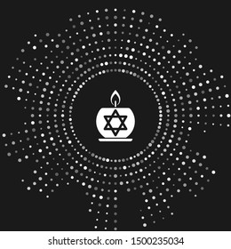 White Burning candle in candlestick with star of david icon isolated on grey background. Cylindrical candle stick with burning flame. Abstract circle random dots. Vector Illustration