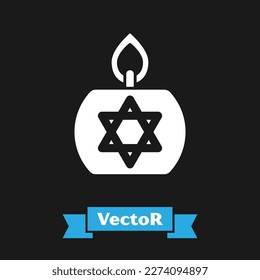 White Burning candle in candlestick with star of david icon isolated on black background. Cylindrical candle stick with burning flame.  Vector