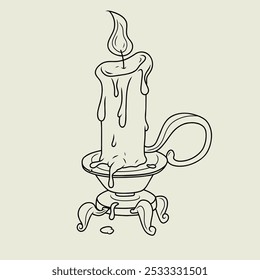 White burning candle with flame. Linework without fill color. The candle stands in a vintage candlestick. Isolated element on light background