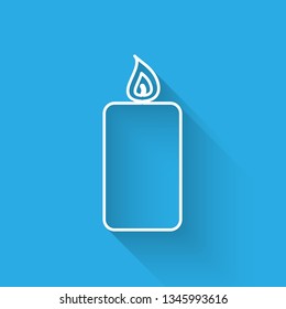 White Burning candle icon isolated with long shadow. Old fashioned lit candle. Cylindrical aromatic candle stick with burning flame. Vector Illustration