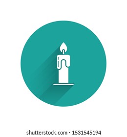 White Burning candle icon isolated with long shadow. Cylindrical aromatic candle stick with burning flame. Happy Halloween party. Green circle button. Vector Illustration