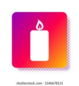White Burning candle icon isolated on white background. Old fashioned lit candle. Cylindrical aromatic candle stick with burning flame. Square color button. Vector Illustration