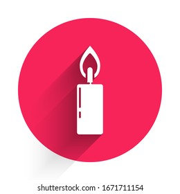 White Burning candle icon isolated with long shadow. Cylindrical candle stick with burning flame. Red circle button. Vector Illustration